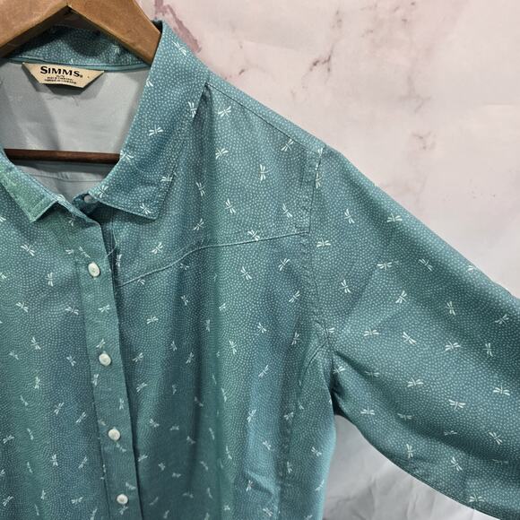 Simms Shirt Women XL Blue Button Up Long Sleeve Dragonfly - Picture 11 of 12